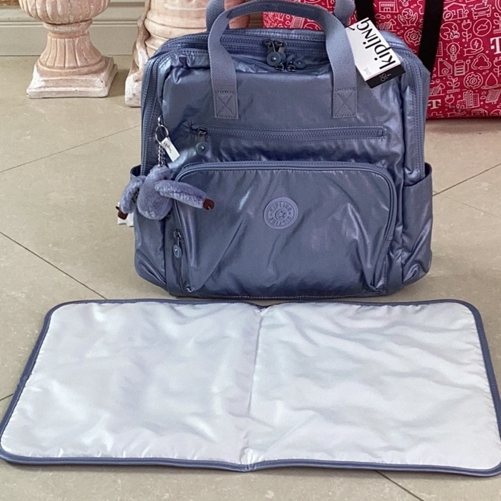 Kipling Pebble Blue Met Audrie GM Diaper Backpack Bag